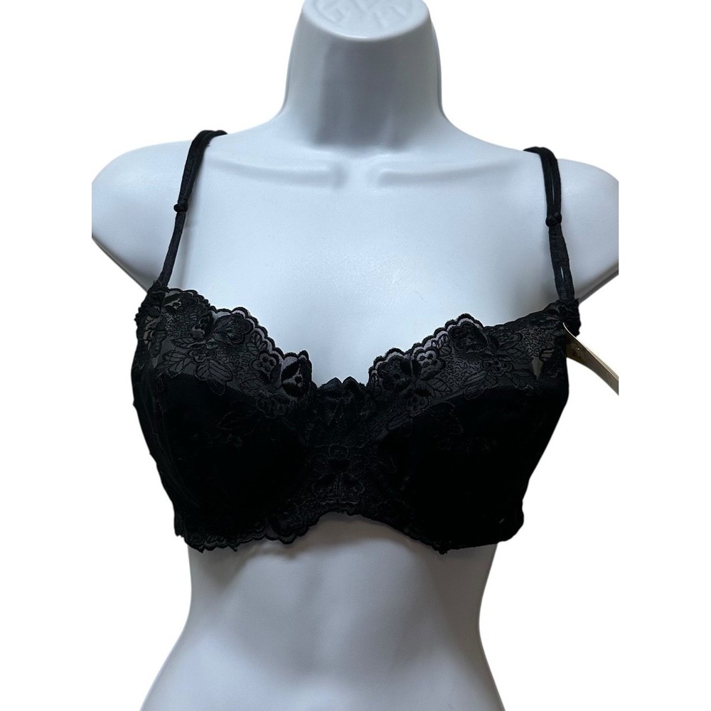 Vintage Bali Black Lace Desire Nylon Bullet Demi Push Up Bra Size 36C NEW NOS